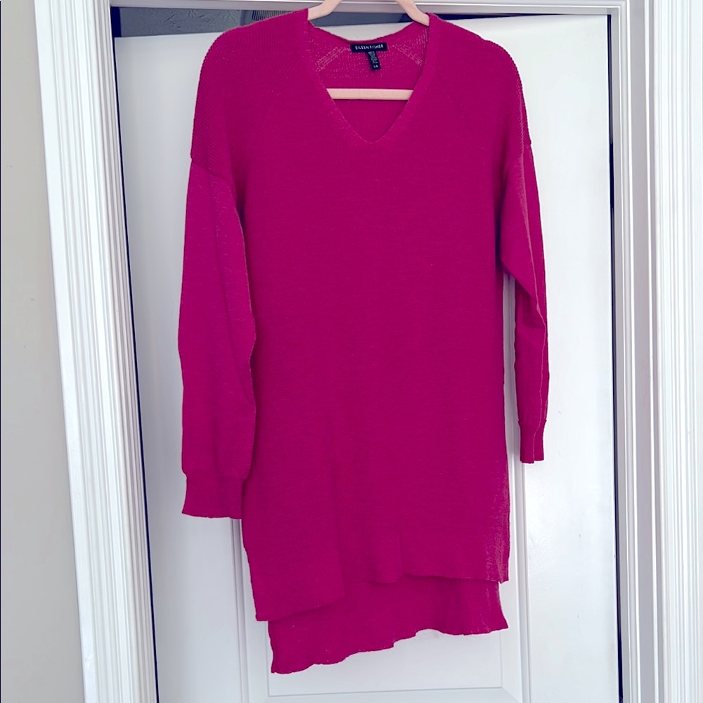 Eileen Fisher Magenta Hi-Lo V-Neck Sweater Dress slit sides